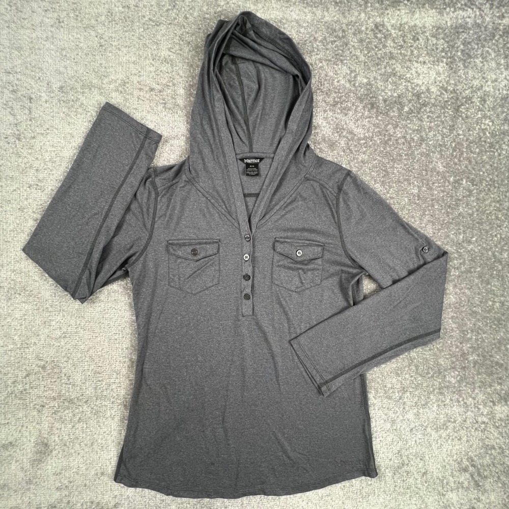 Marmot Womens Gray Heather Henley Hoodie Long Roll Tab Sleeve Top Size Medium